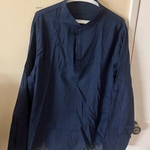 Mens Navy Band Collar Casual Button-Down Shirt